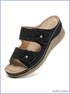 Womens Low Wedge Platform Slide Sandals PU Leather Open Toe Summer Shoes